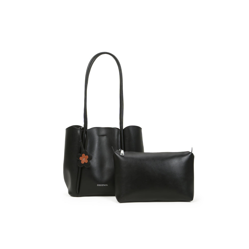 PU leather hand-held tote bag, large capacity, shoulder bag, with flower pendant decoration, with small bag