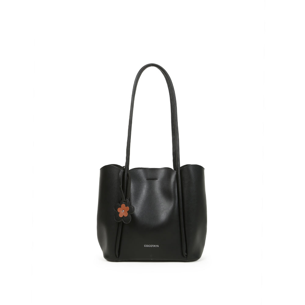 PU leather hand-held tote bag, large capacity, shoulder bag, with flower pendant decoration, with small bag