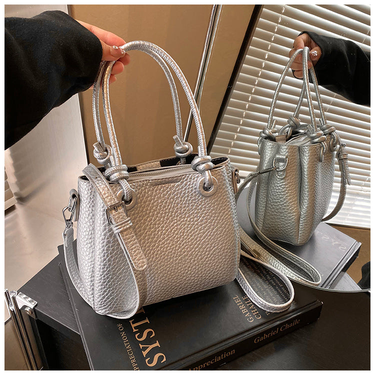 Fashionable and simple solid color handbag, versatile retro bucket bag shoulder messenger bag