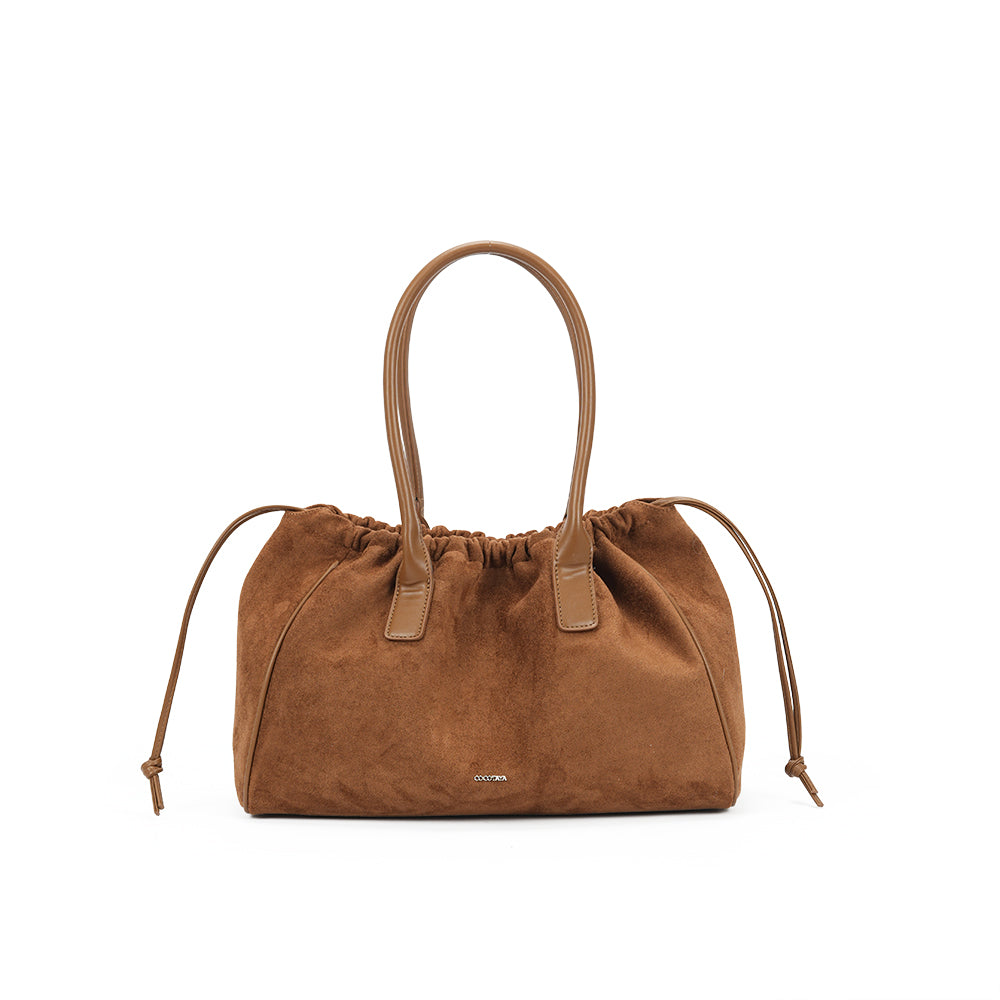 (COCOTAYA)Stylish and versatile leather drawstring tote bag with frosted finish.