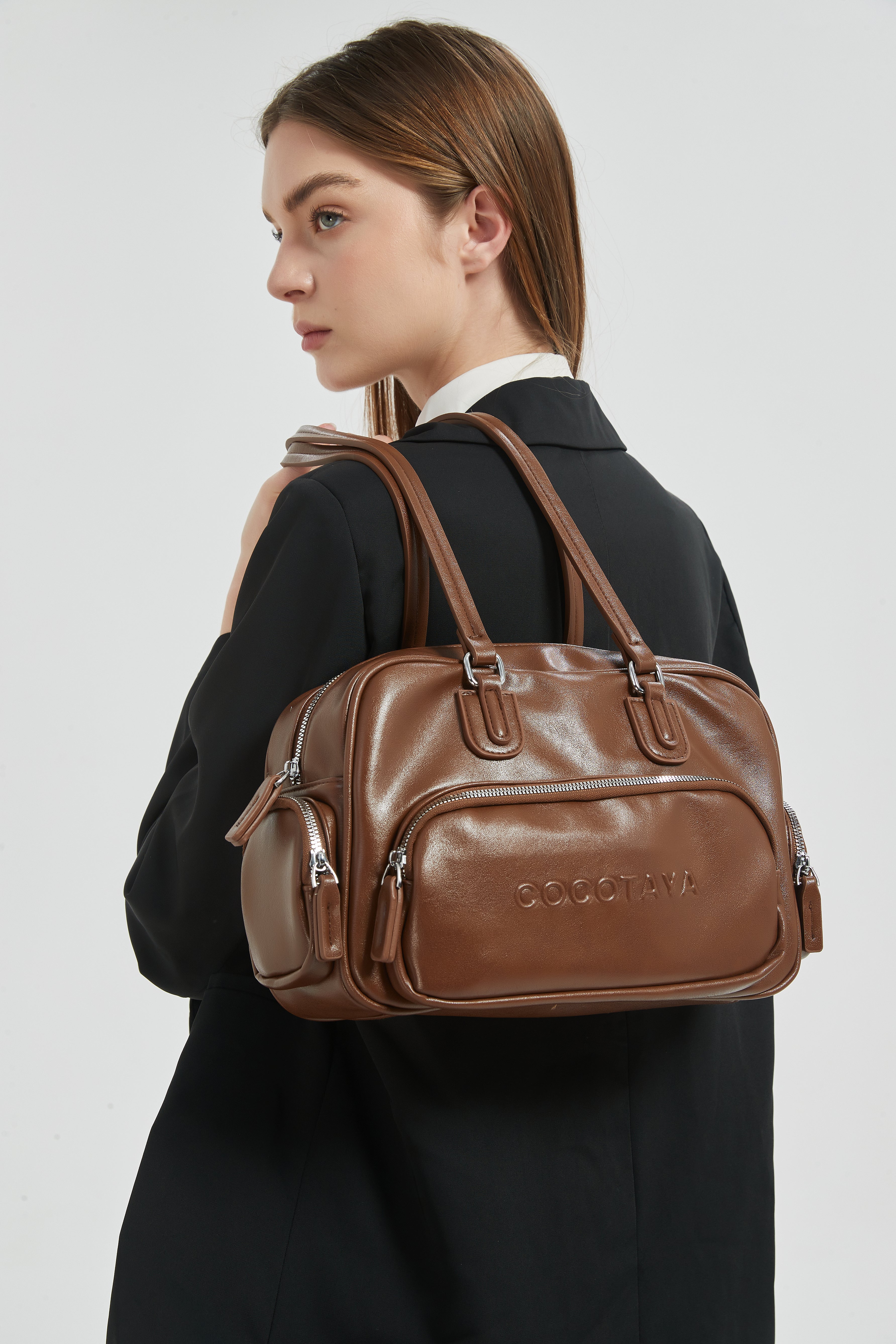New retro solid color PU leather hand-held bowling bag, versatile commuter underarm bag, fashionable and casual large capacity women's bag