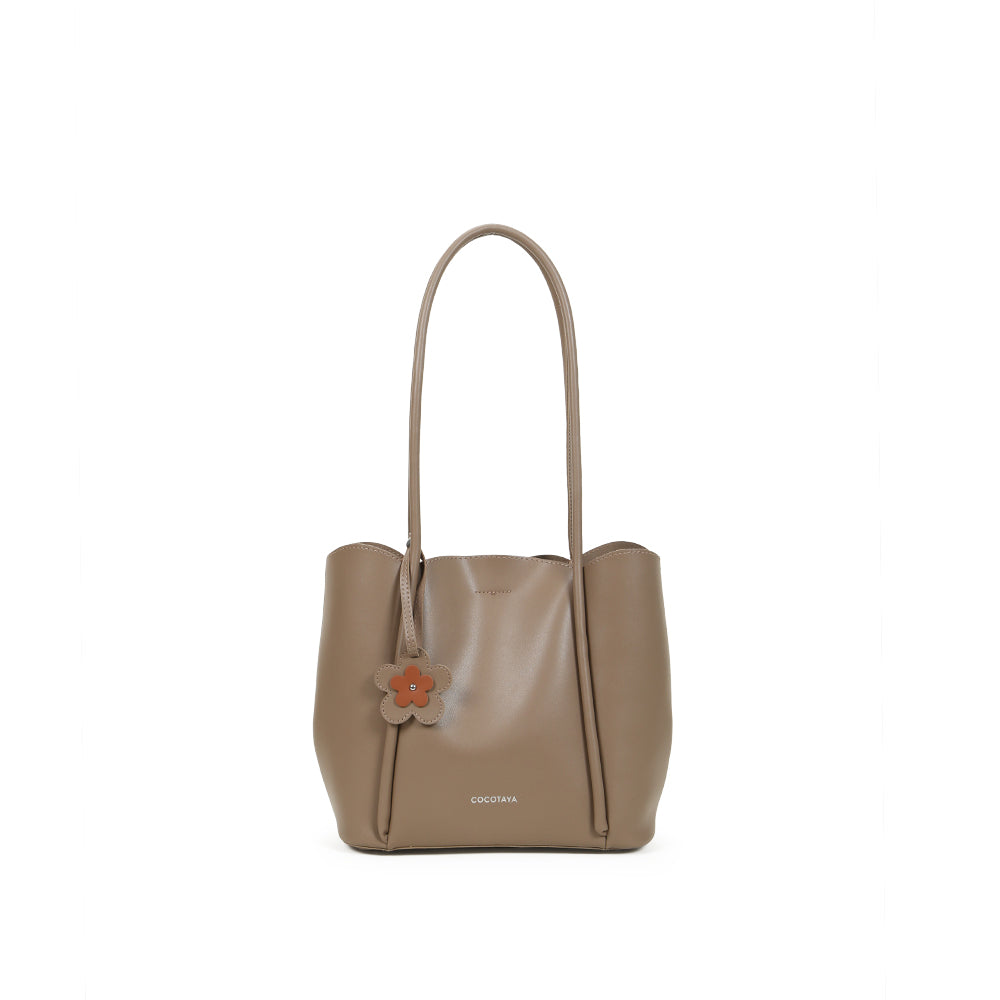 PU leather hand-held tote bag, large capacity, shoulder bag, with flower pendant decoration, with small bag