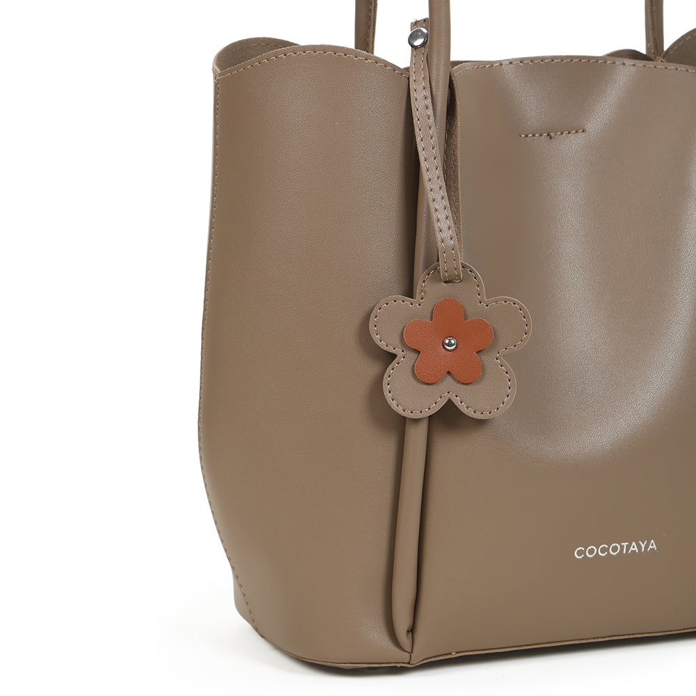 PU leather hand-held tote bag, large capacity, shoulder bag, with flower pendant decoration, with small bag