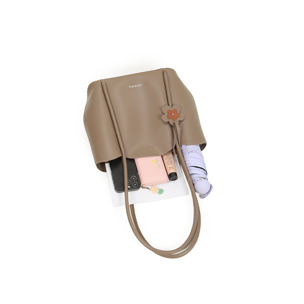 PU leather hand-held tote bag, large capacity, shoulder bag, with flower pendant decoration, with small bag