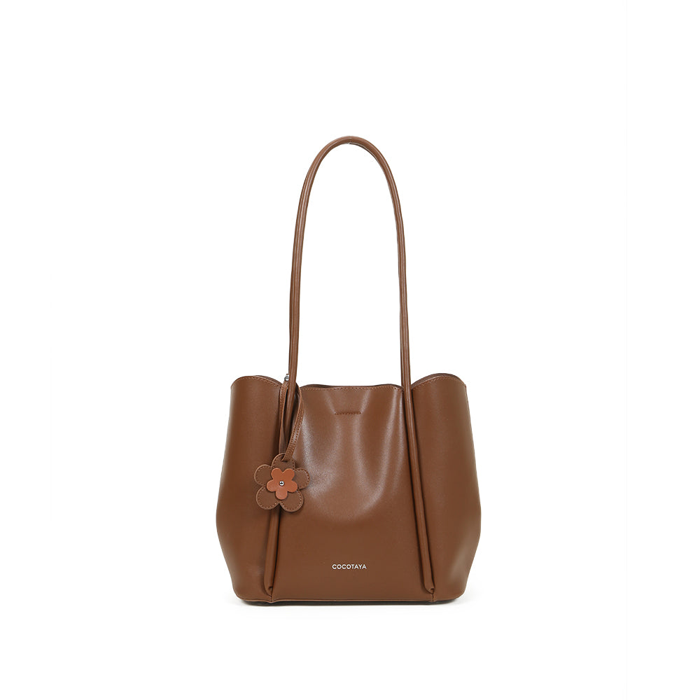 PU leather hand-held tote bag, large capacity, shoulder bag, with flower pendant decoration, with small bag