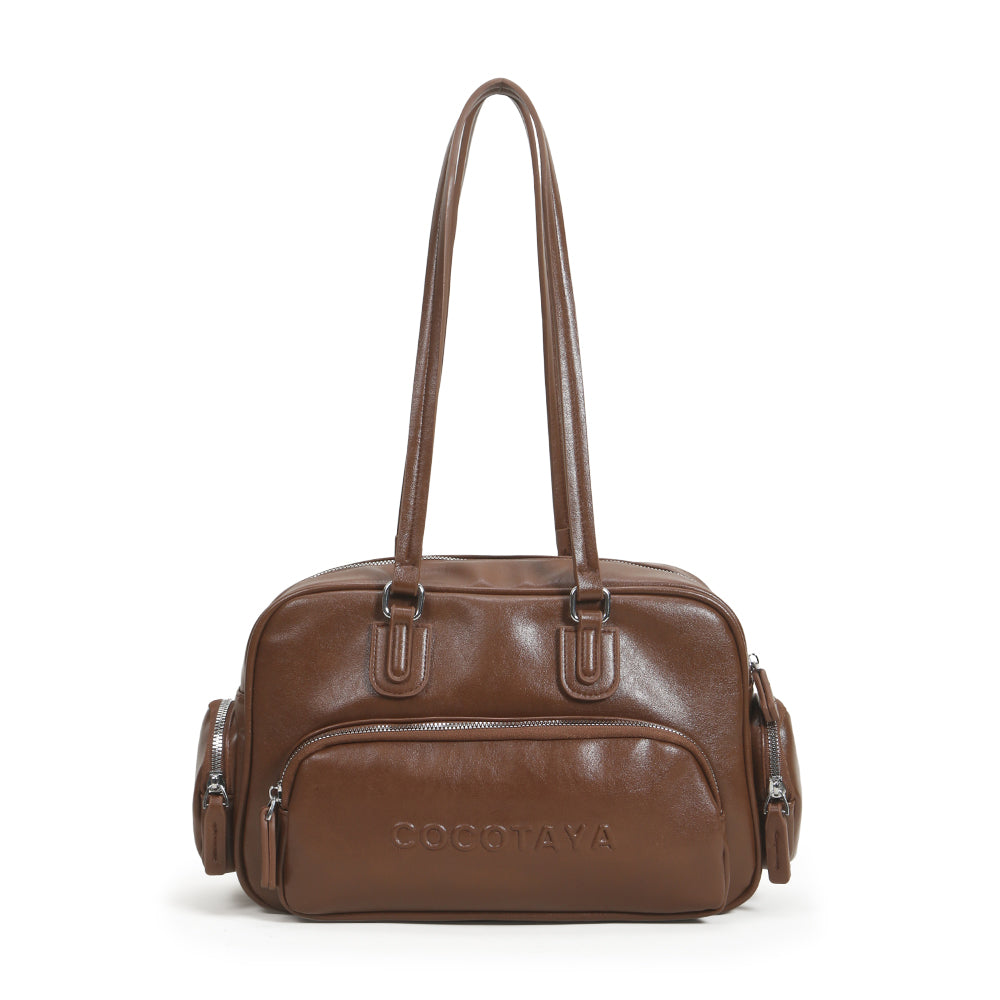 New retro solid color PU leather hand-held bowling bag, versatile commuter underarm bag, fashionable and casual large capacity women's bag