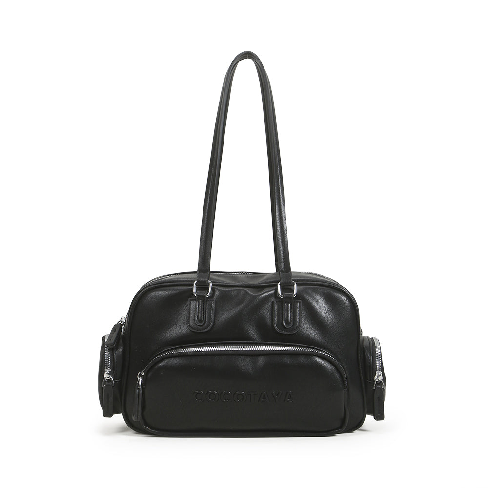 New retro solid color PU leather hand-held bowling bag, versatile commuter underarm bag, fashionable and casual large capacity women's bag