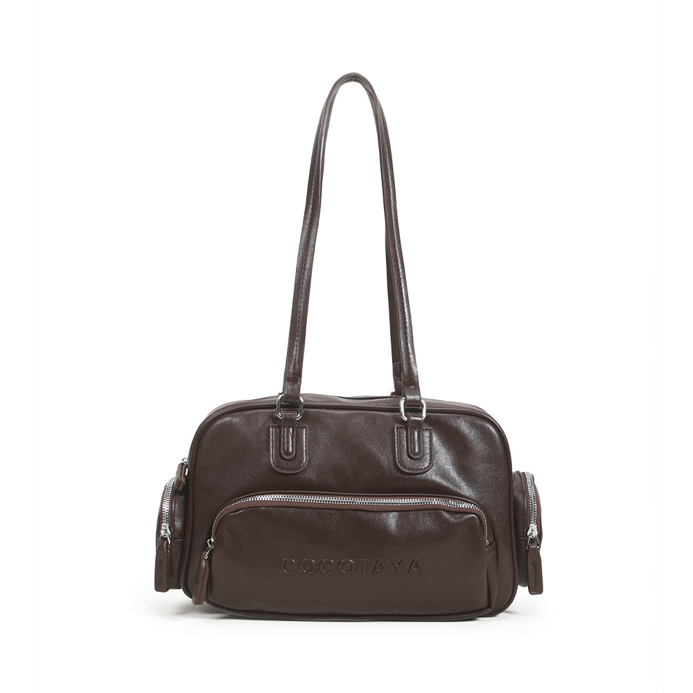 New retro solid color PU leather hand-held bowling bag, versatile commuter underarm bag, fashionable and casual large capacity women's bag