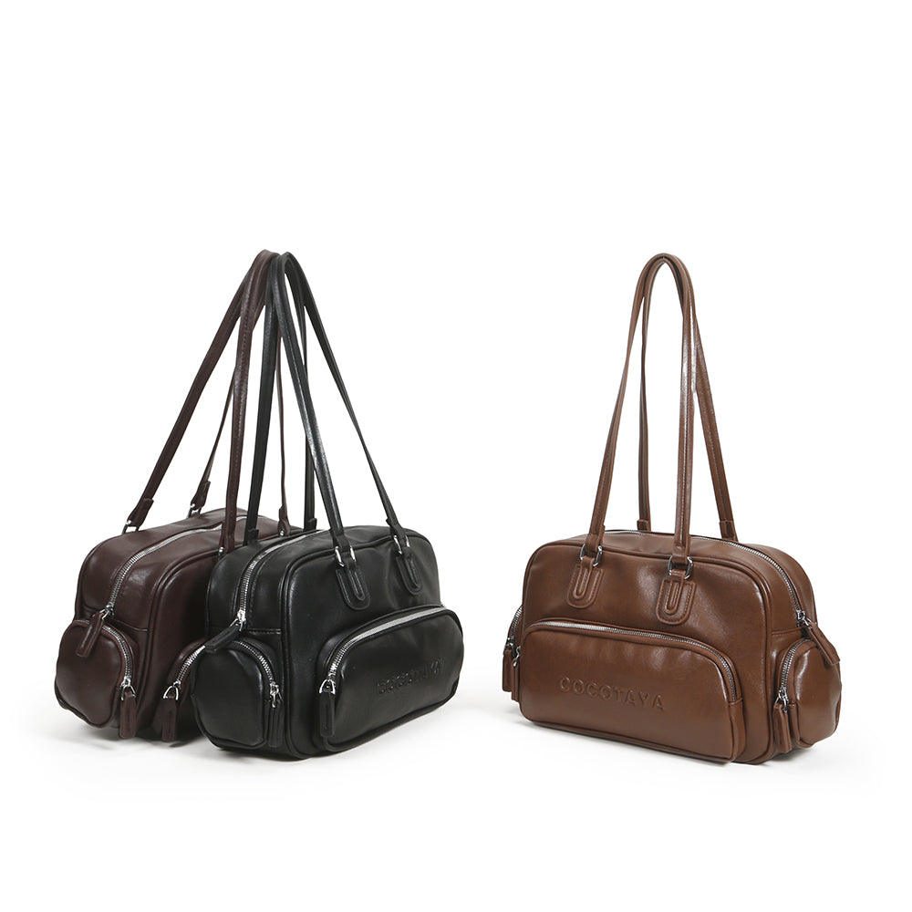 New retro solid color PU leather hand-held bowling bag, versatile commuter underarm bag, fashionable and casual large capacity women's bag