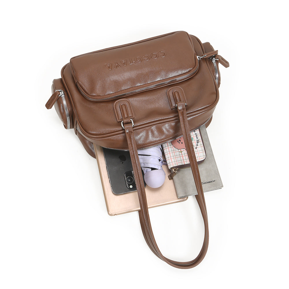 New retro solid color PU leather hand-held bowling bag, versatile commuter underarm bag, fashionable and casual large capacity women's bag