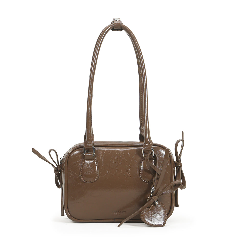 Simple retro bow handbag small square bag fashionable ladies PU leather shoulder underarm bag solid color