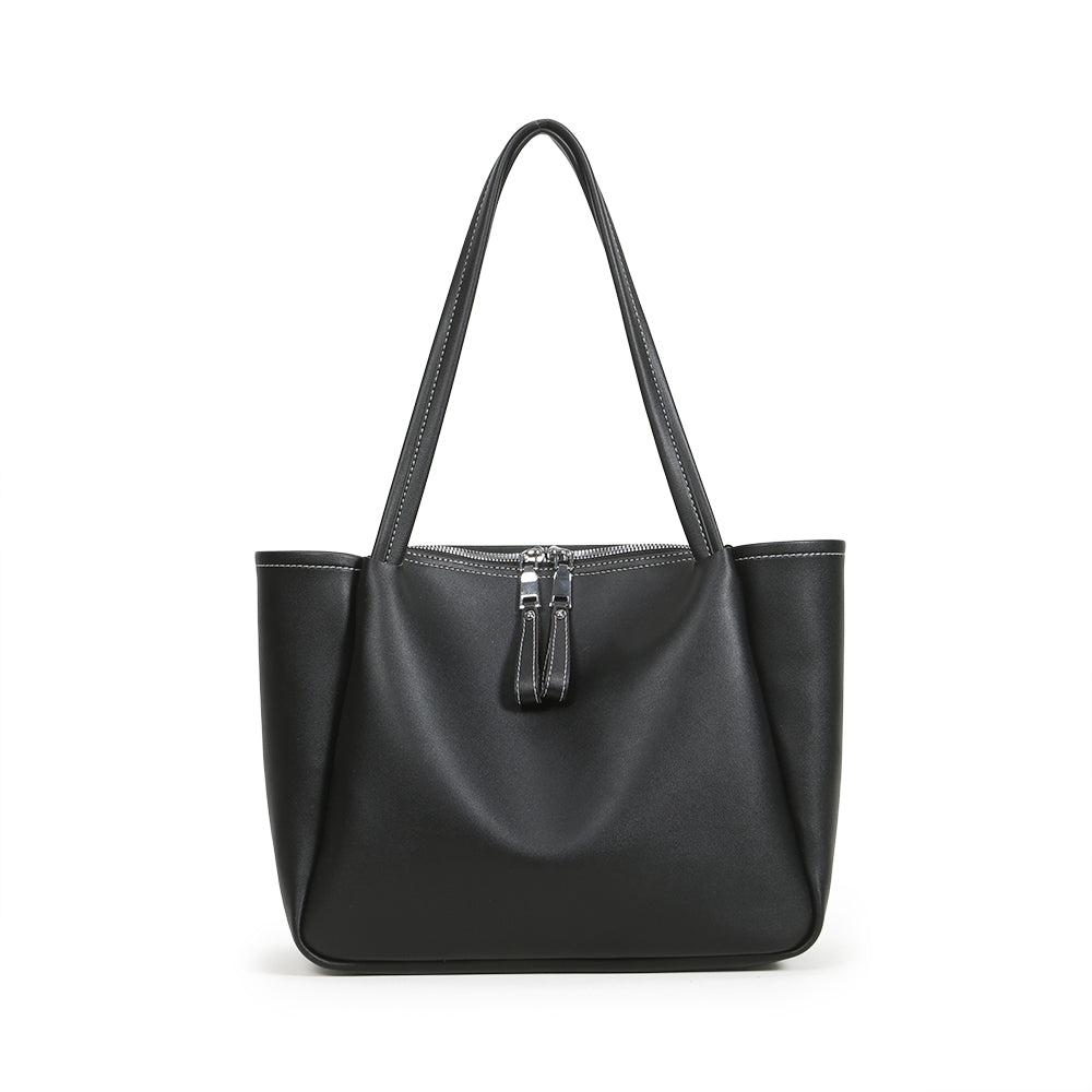 High-quality soft PU leather handbag with large capacity and pure color bucket bag