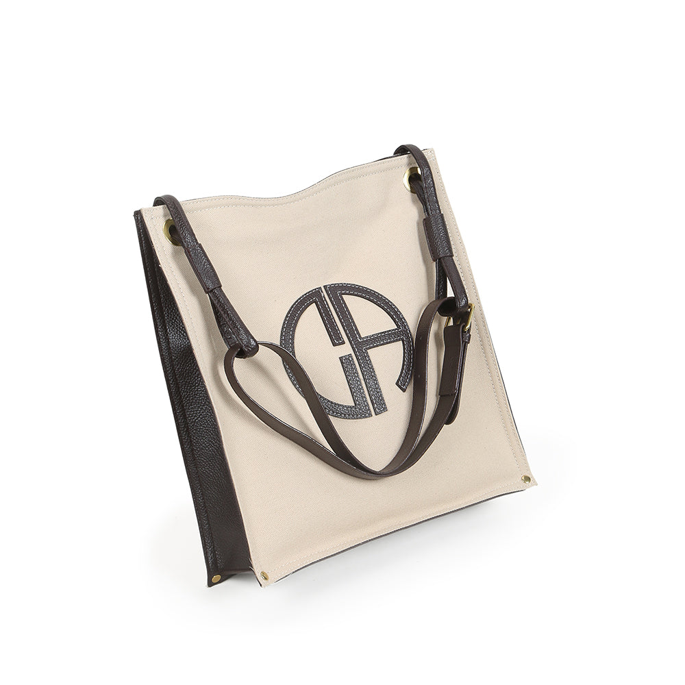 Fashionable large-capacity PU stitching canvas bag, casual and versatile commuter shoulder bag