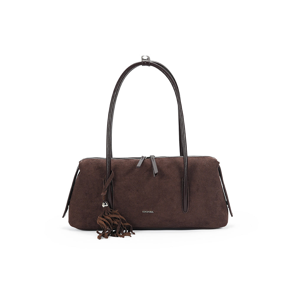 (COCOTAYA)Vintage Suede Barrel Shoulder Bag with Tassel Detail