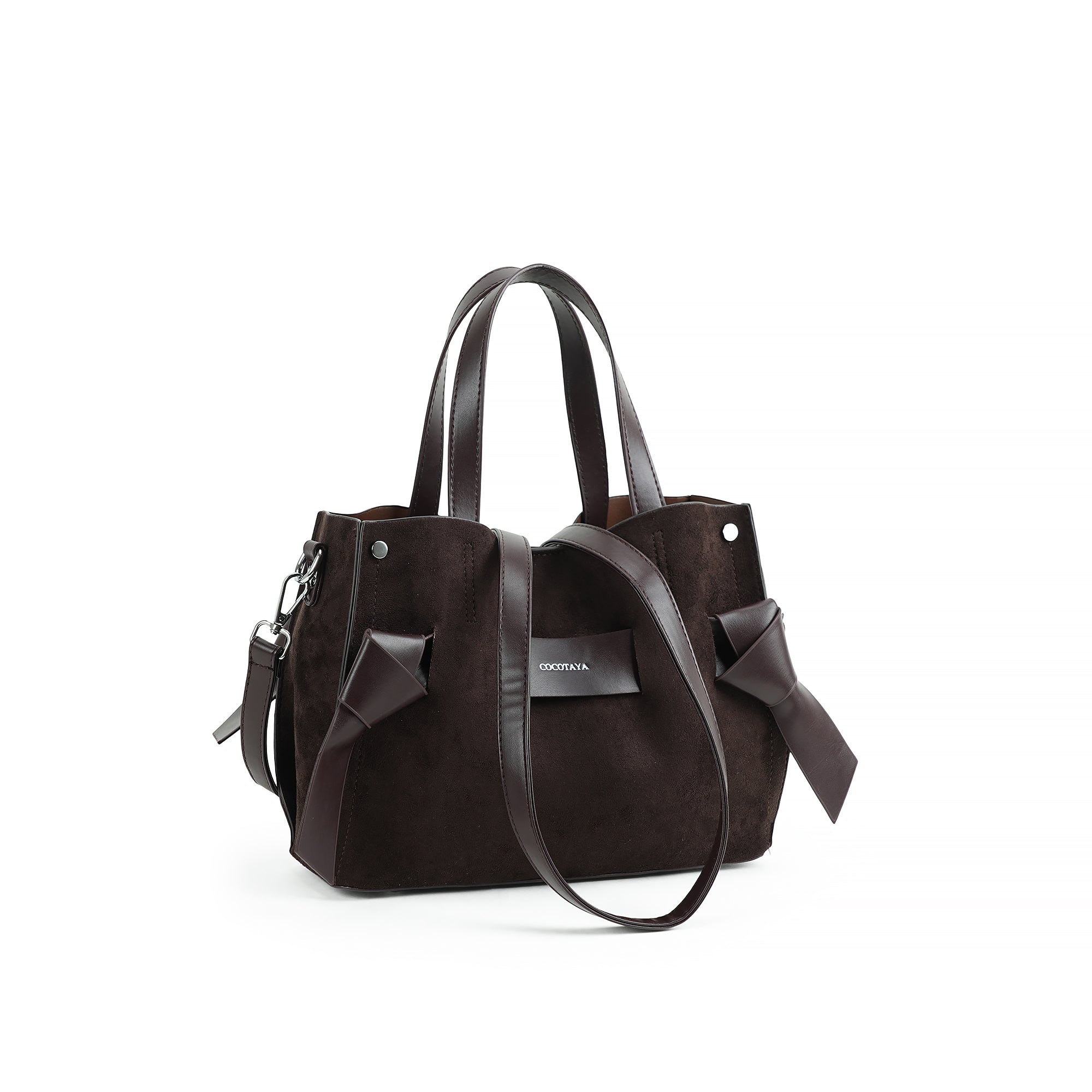 (cocotaya)All-Match Dual Carry Leather Handbag, Bow Detail Convertible Shoulder Crossbody Tote Bag