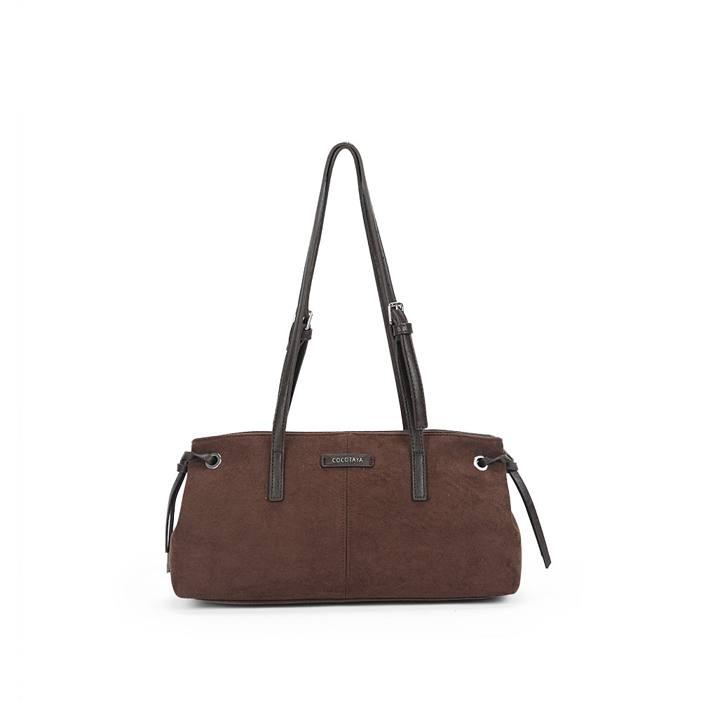 (COCOTAYA)Vintage-style drawstring tote bag in waxed leather with a suede finish.