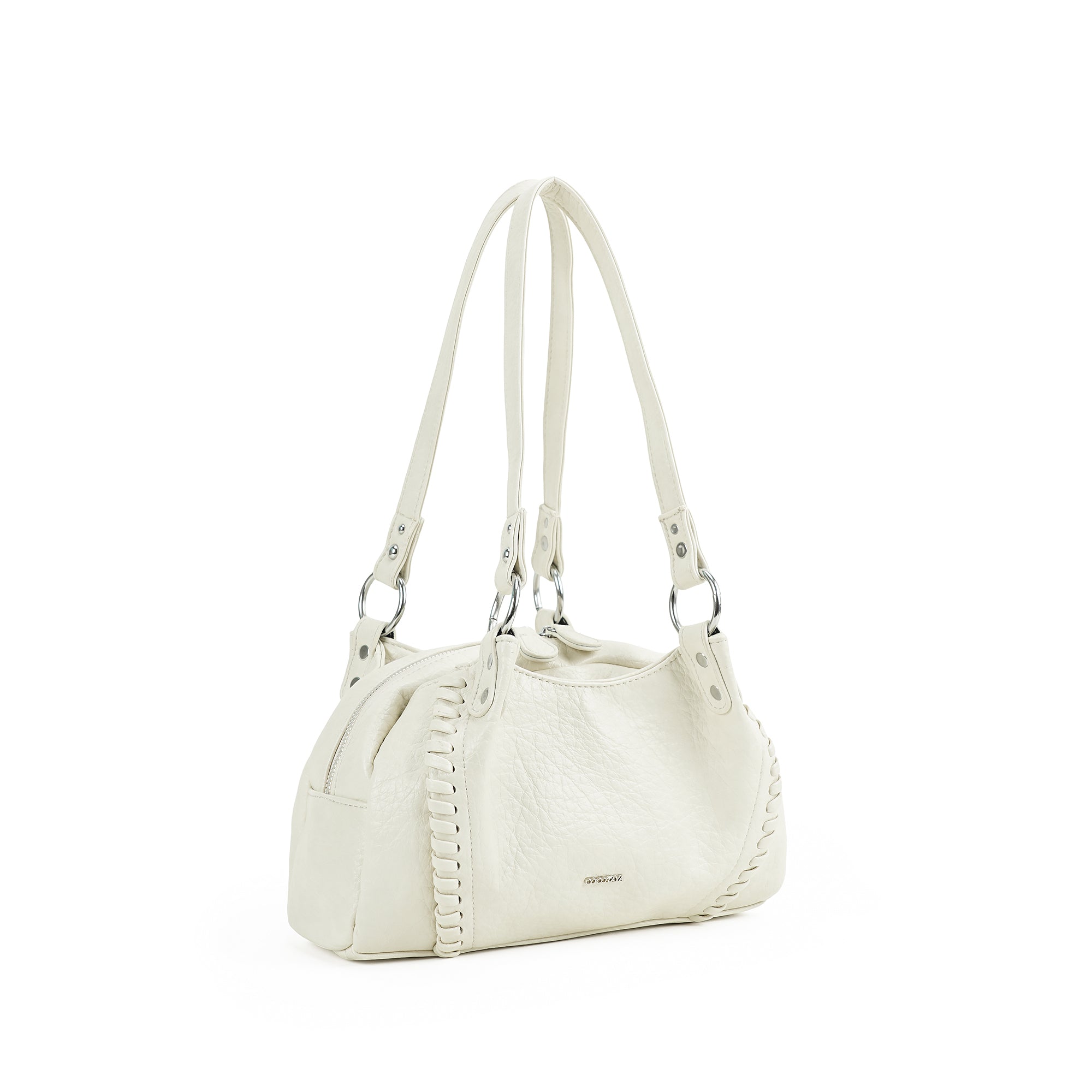 (cocotaya)Soft Faux Leather Mini Boston Shoulder Bag, Hand Stitched Decor Small Daily Handbag for Ladies
