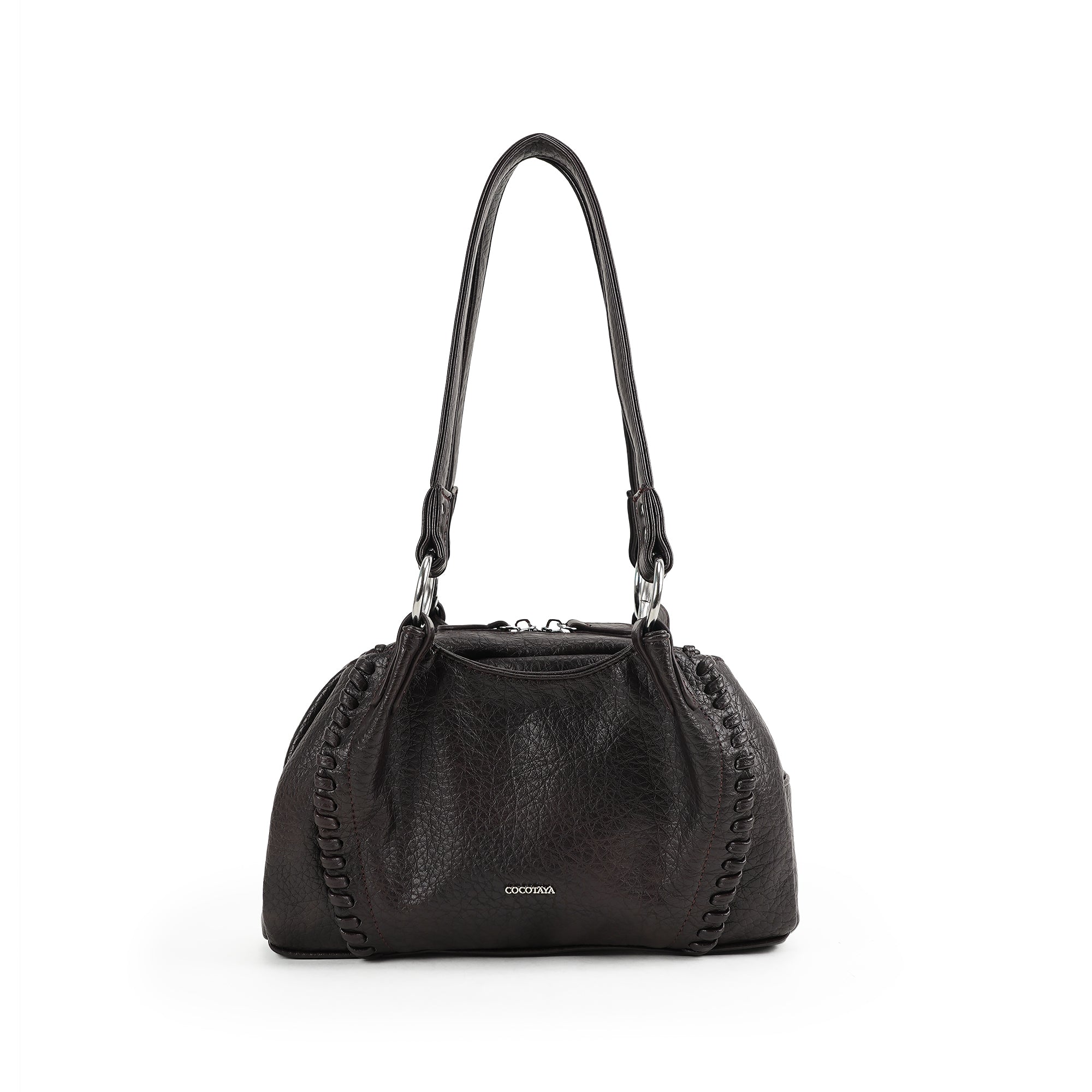 (cocotaya)Soft Faux Leather Mini Boston Shoulder Bag, Hand Stitched Decor Small Daily Handbag for Ladies