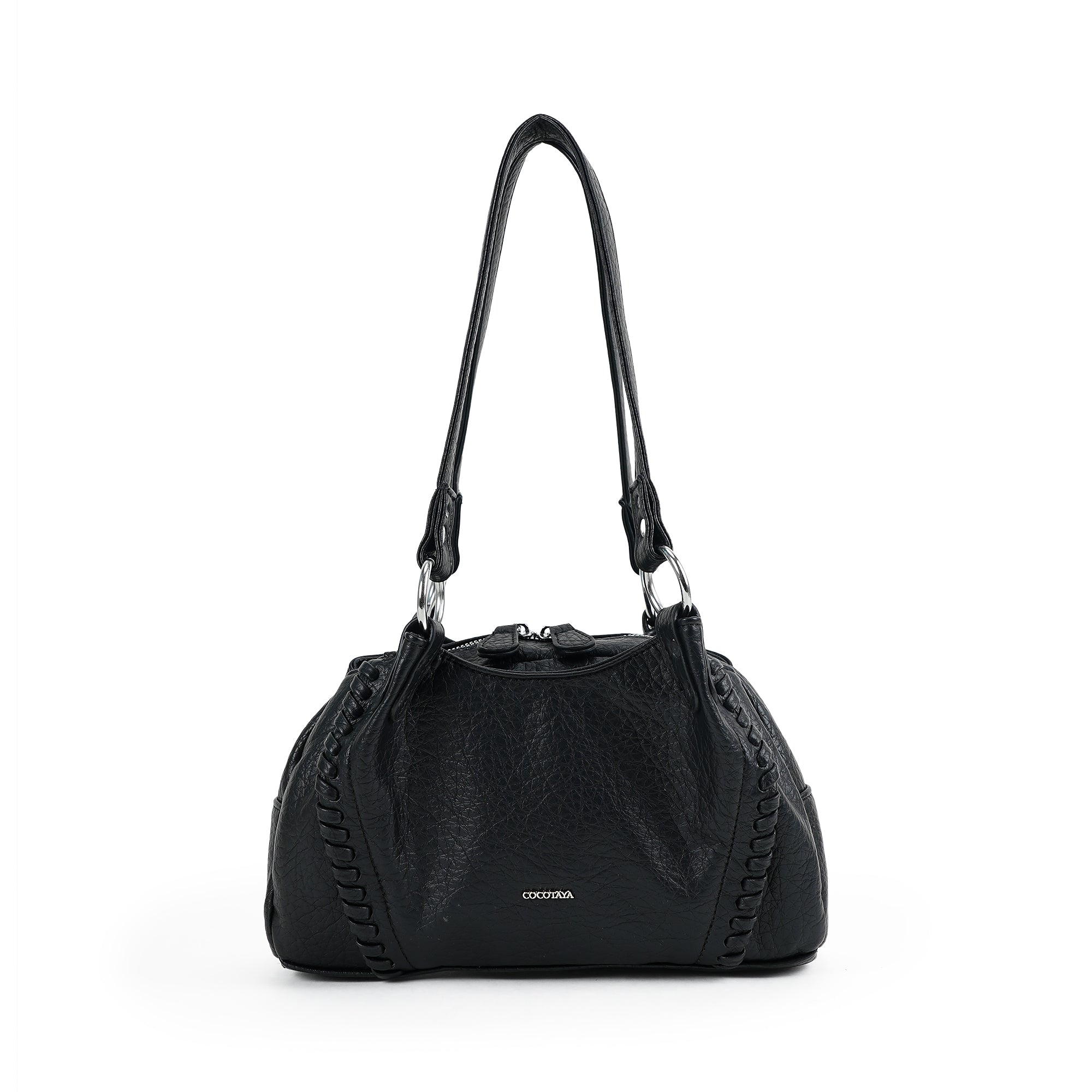(cocotaya)Soft Faux Leather Mini Boston Shoulder Bag, Hand Stitched Decor Small Daily Handbag for Ladies
