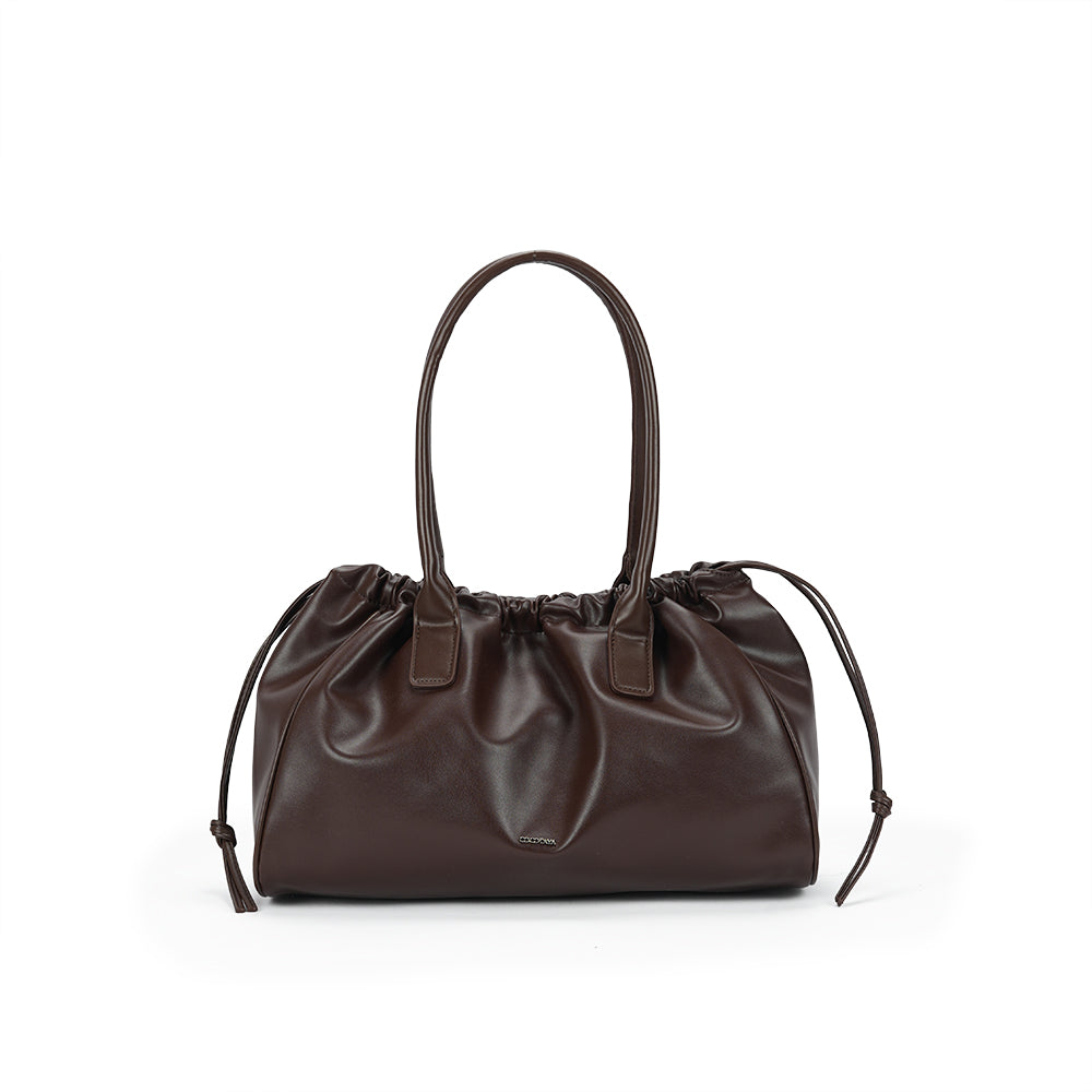 (COCOTAYA)Stylish and versatile leather drawstring tote bag with frosted finish.