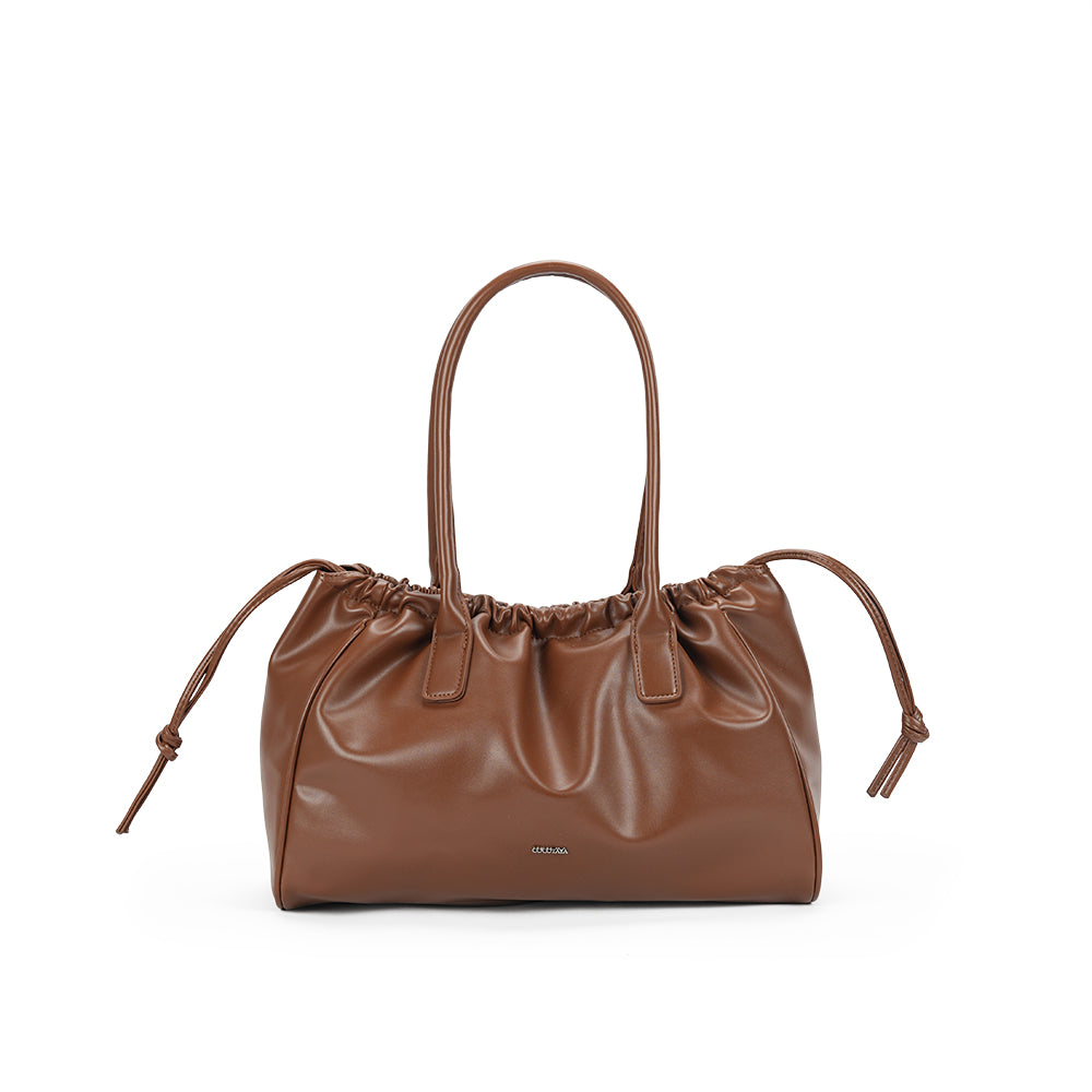 (COCOTAYA)Stylish and versatile leather drawstring tote bag with frosted finish.