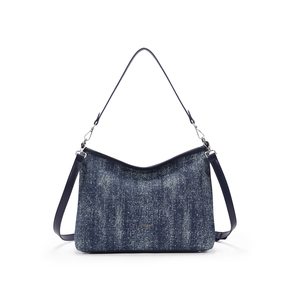 (COCOTAYA) Women's denim texture starry design shoulder crossbody bag casual large capacity handbag