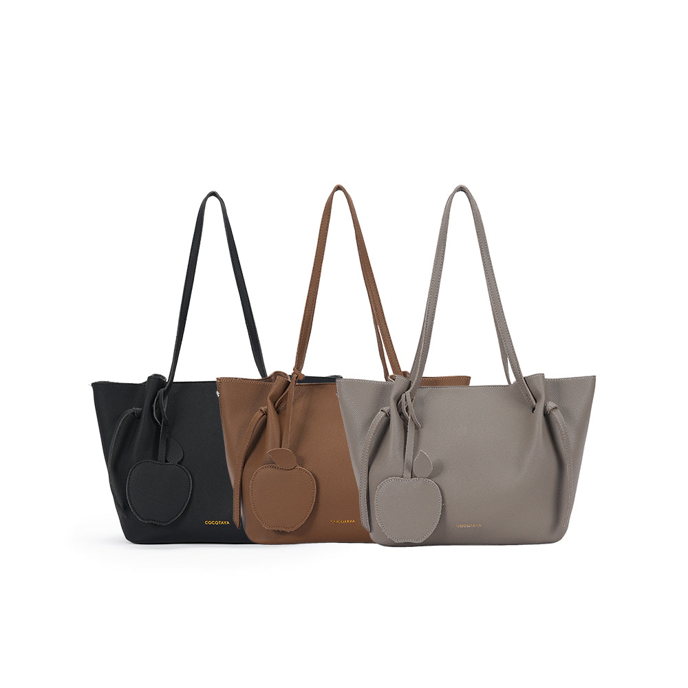 (COCOTAYA)Soft leather solid color simple shoulder bag fashionable and versatile large capacity tote bag with pendant