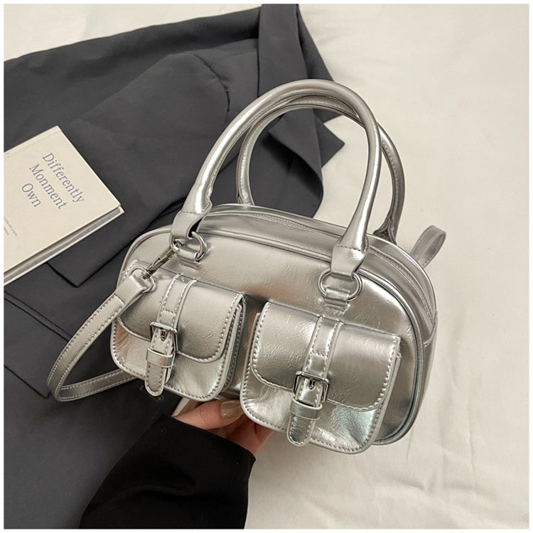 Fashionable solid color handbag, new style trendy multi-pocket design versatile commuter messenger bag
