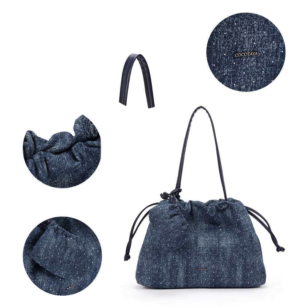 Large capacity PU shoulder bag in starry color scheme with pleated drawstring design, fashionable and versatile