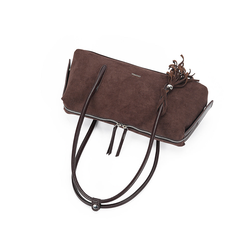 (COCOTAYA)Vintage Suede Barrel Shoulder Bag with Tassel Detail
