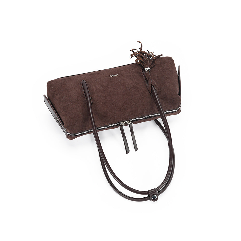 (COCOTAYA)Vintage Suede Barrel Shoulder Bag with Tassel Detail