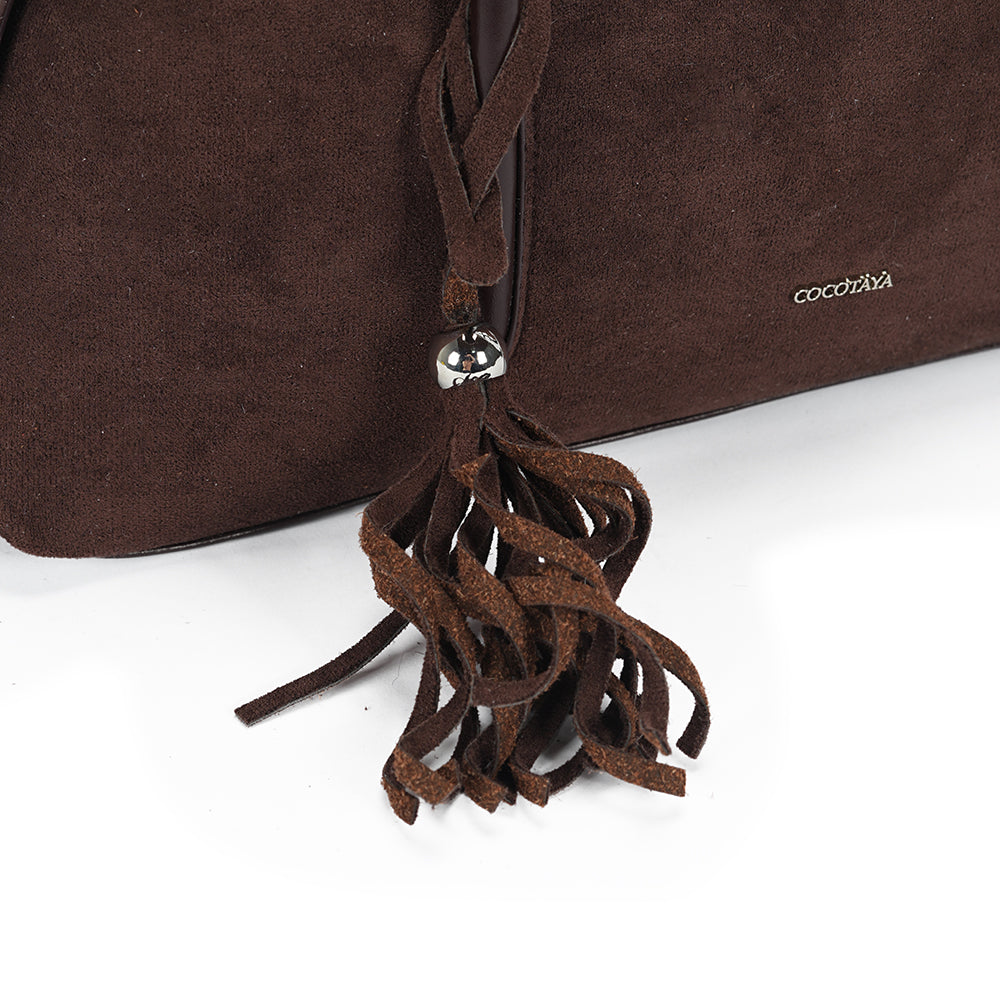 (COCOTAYA)Vintage Suede Barrel Shoulder Bag with Tassel Detail
