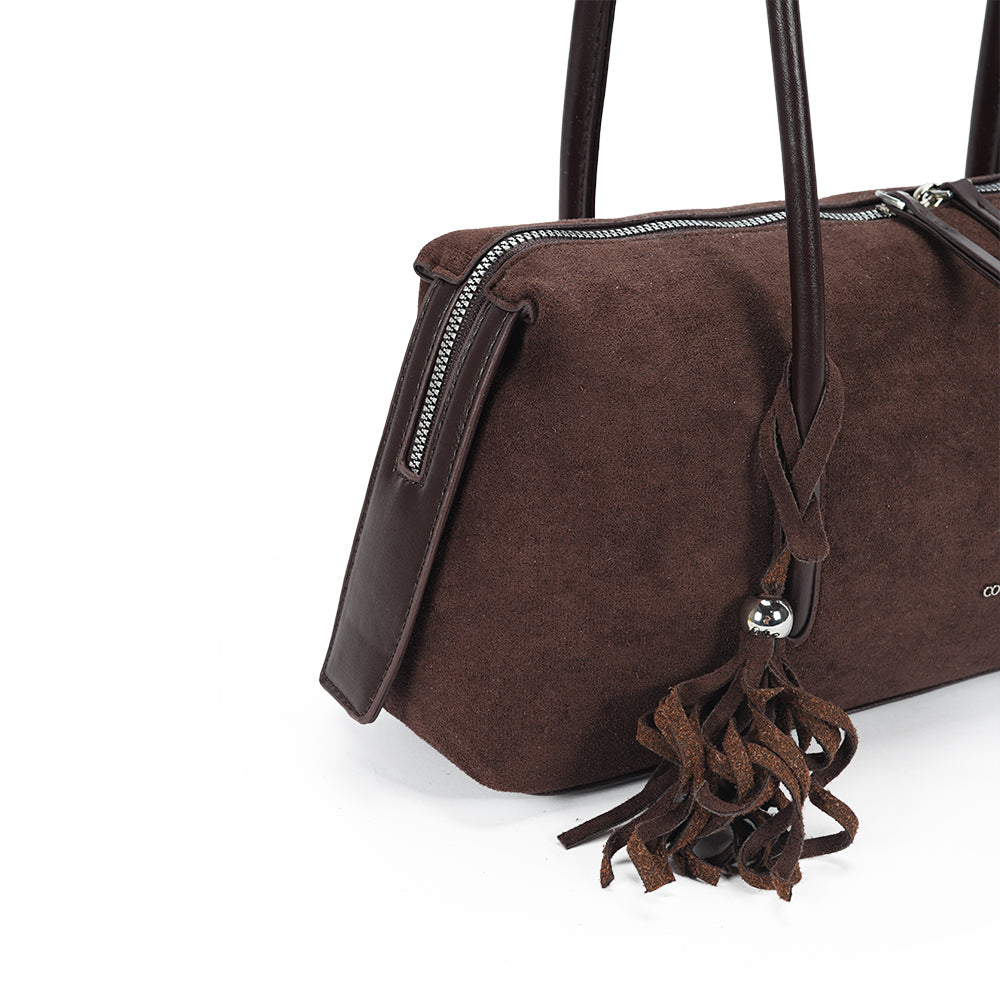 (COCOTAYA)Vintage Suede Barrel Shoulder Bag with Tassel Detail