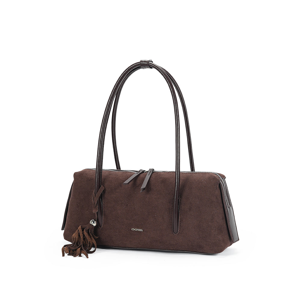 (COCOTAYA)Vintage Suede Barrel Shoulder Bag with Tassel Detail