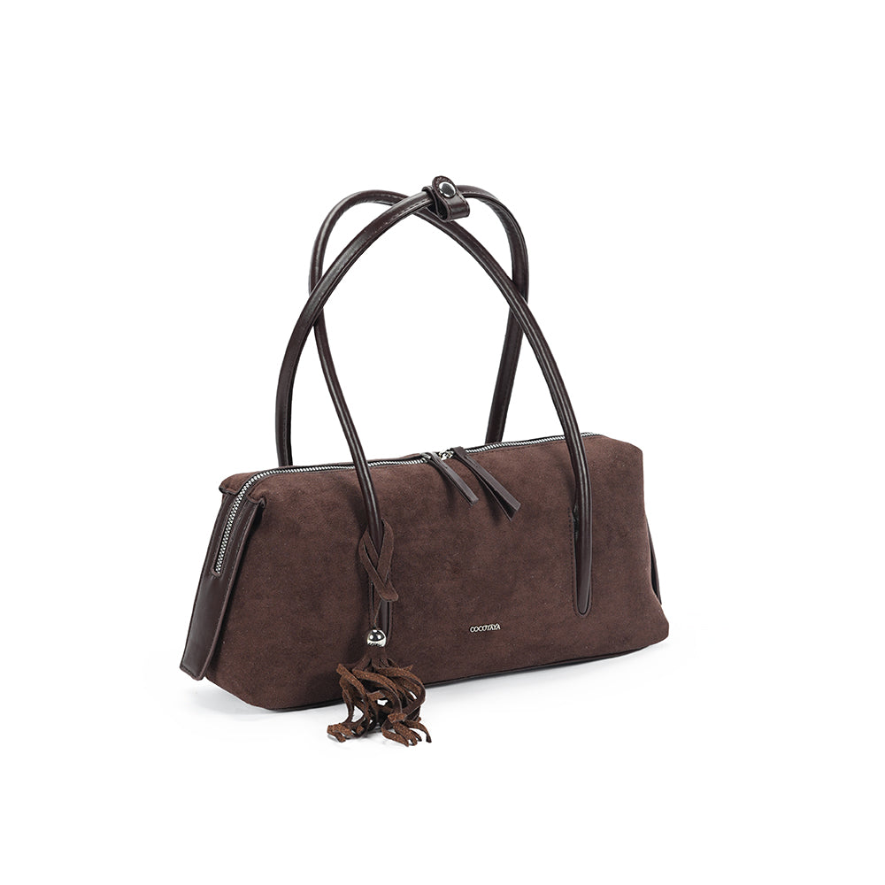 (COCOTAYA)Vintage Suede Barrel Shoulder Bag with Tassel Detail