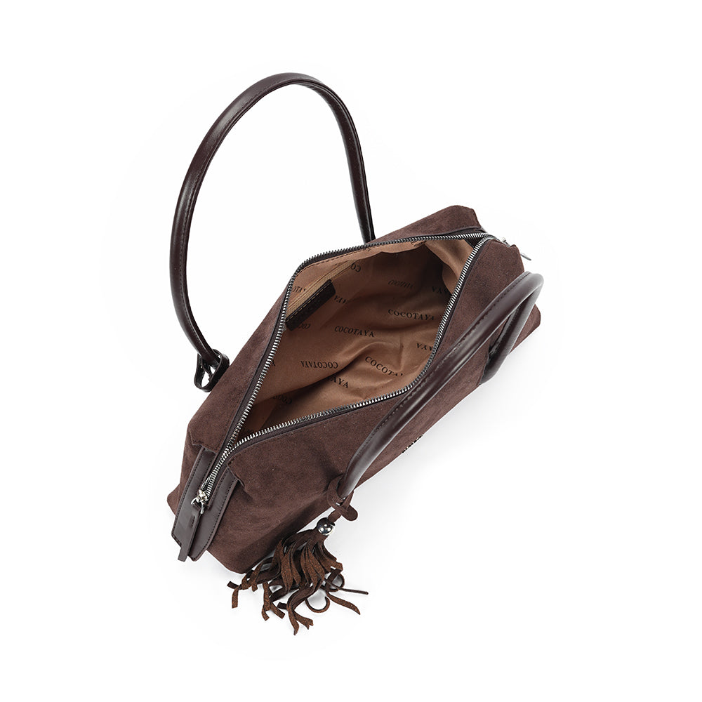(COCOTAYA)Vintage Suede Barrel Shoulder Bag with Tassel Detail