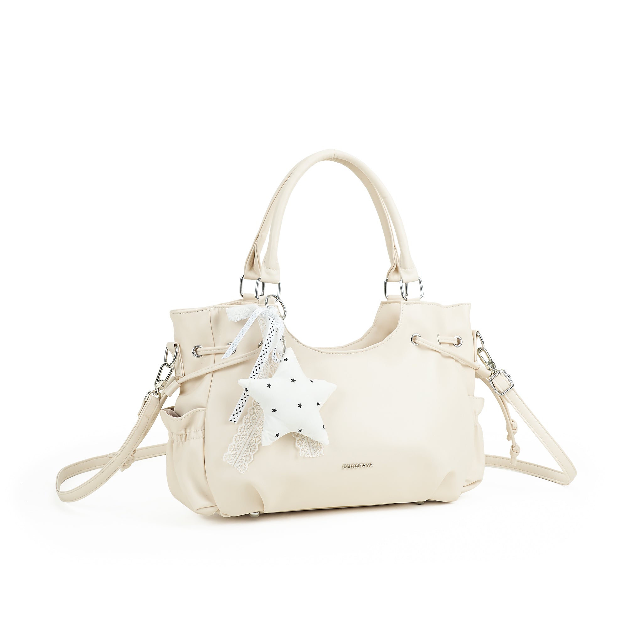 （cocotaya）Women Cute Drawstring Tote Bag With Star Charm Adjustable Crossbody Shoulder Handbag