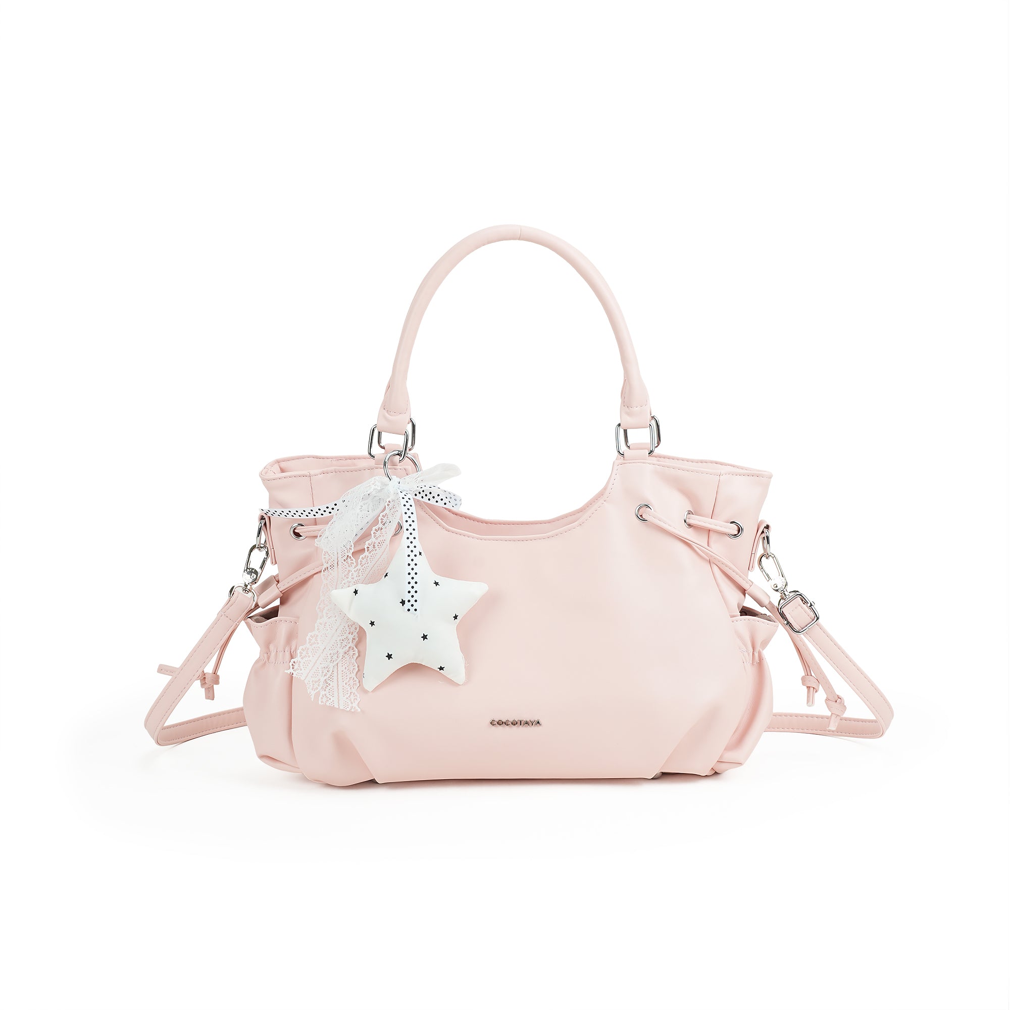 （cocotaya）Women Cute Drawstring Tote Bag With Star Charm Adjustable Crossbody Shoulder Handbag