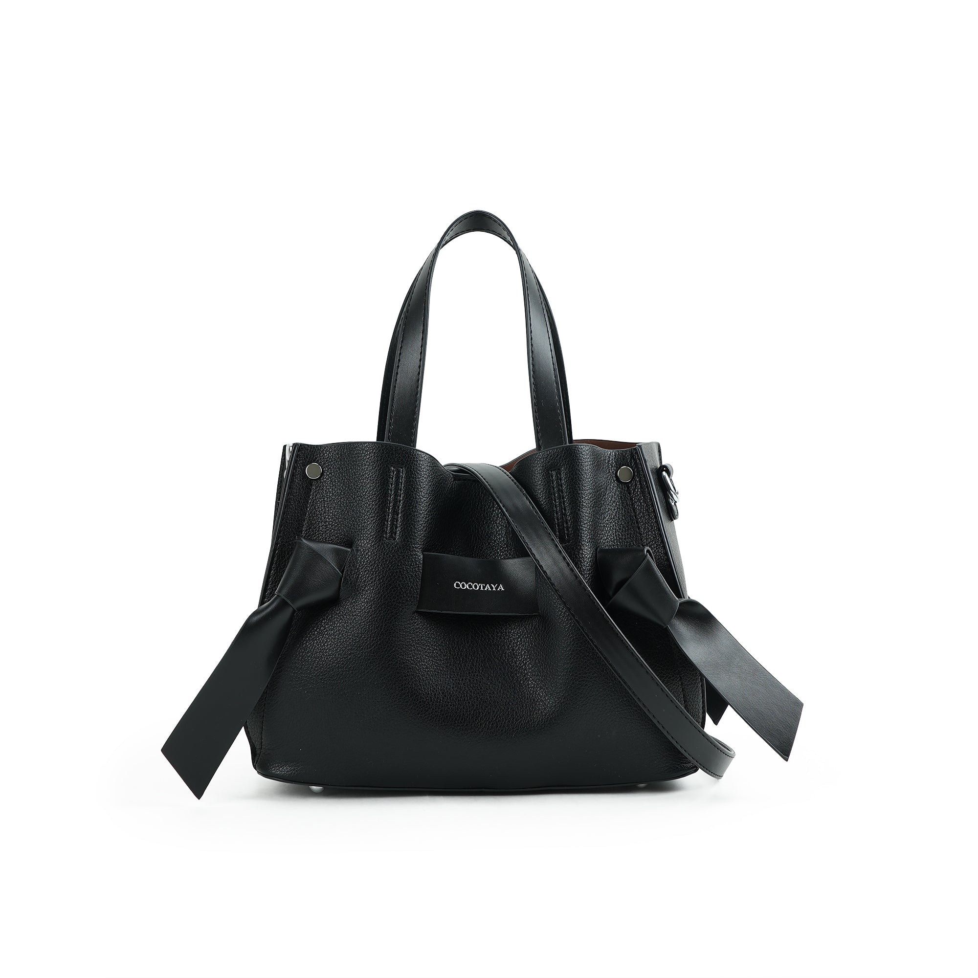 （cocotaya）All-Match Dual Carry Leather Handbag, Bow Detail Convertible Shoulder Crossbody Tote Bag