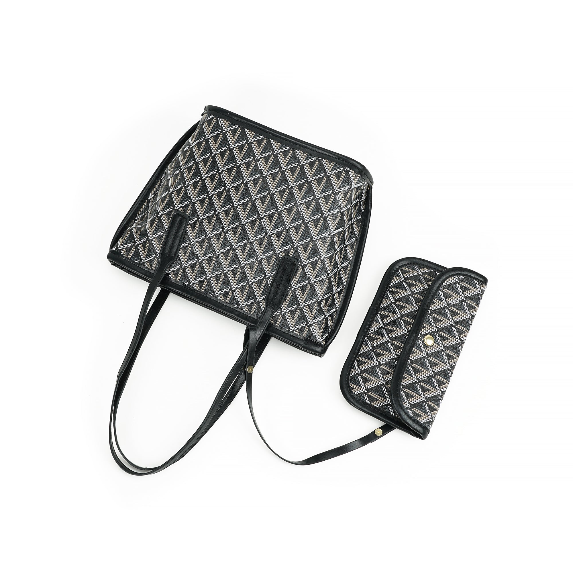 （cocotaya）Fashion Rhombus Printed Tote Bag With Mini Pouch Women Daily Work Shoulder Handbag Set