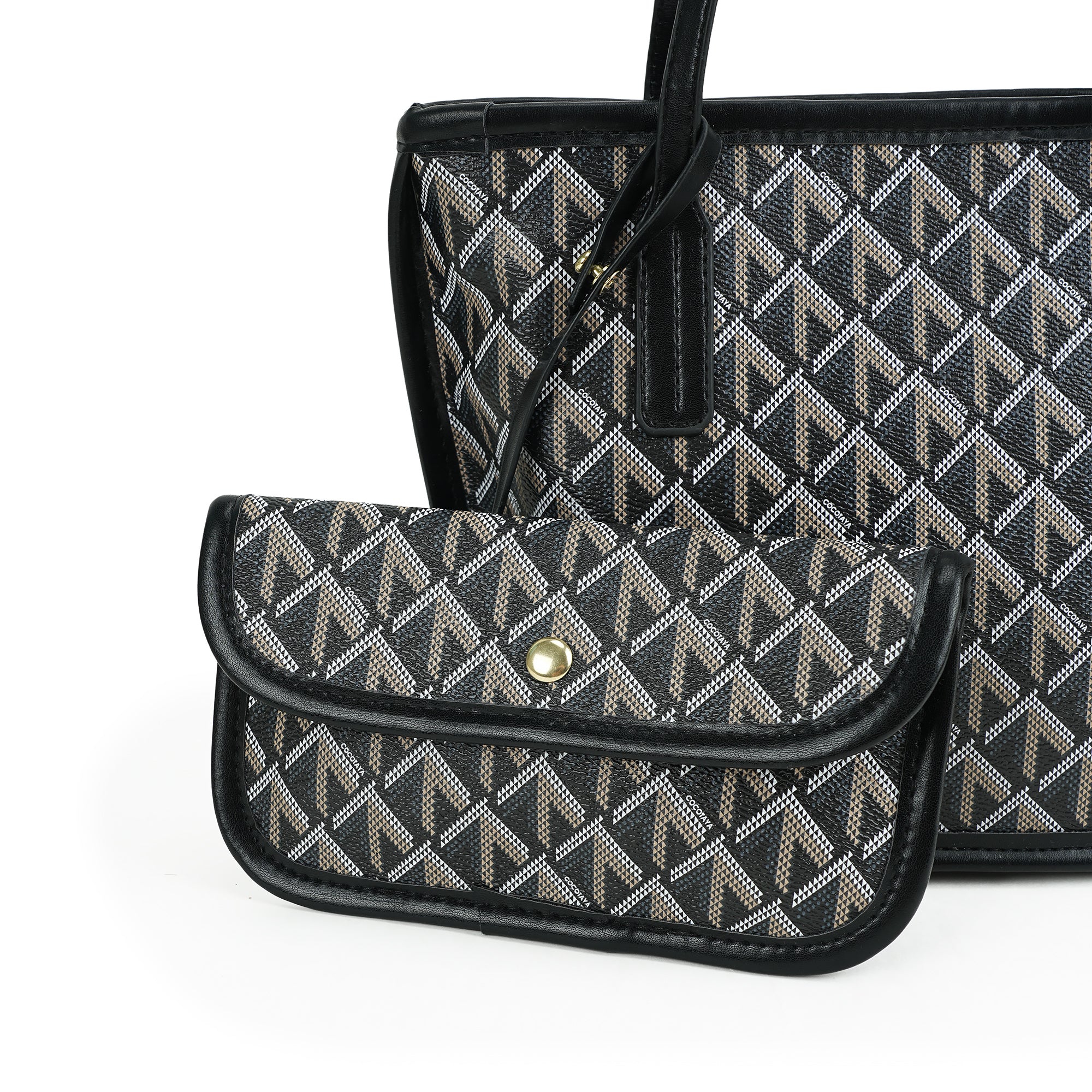 （cocotaya）Fashion Rhombus Printed Tote Bag With Mini Pouch Women Daily Work Shoulder Handbag Set