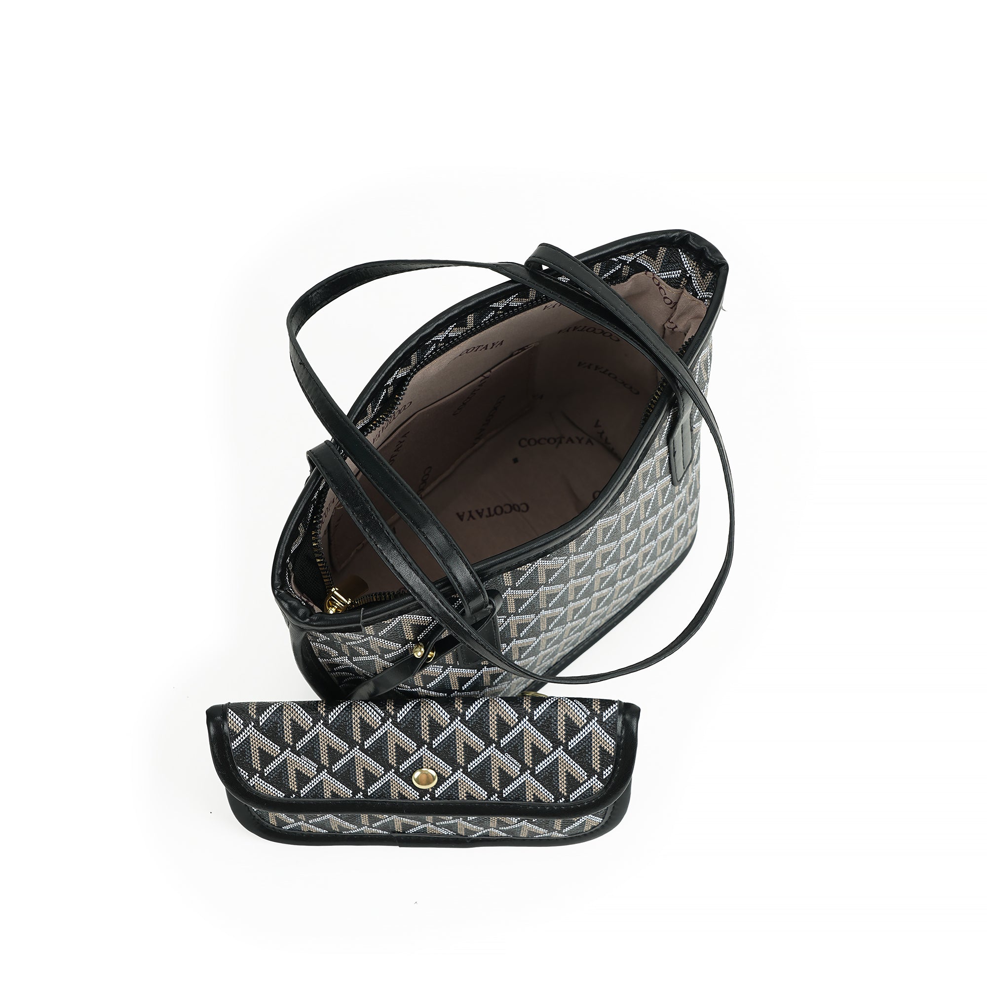 （cocotaya）Fashion Rhombus Printed Tote Bag With Mini Pouch Women Daily Work Shoulder Handbag Set