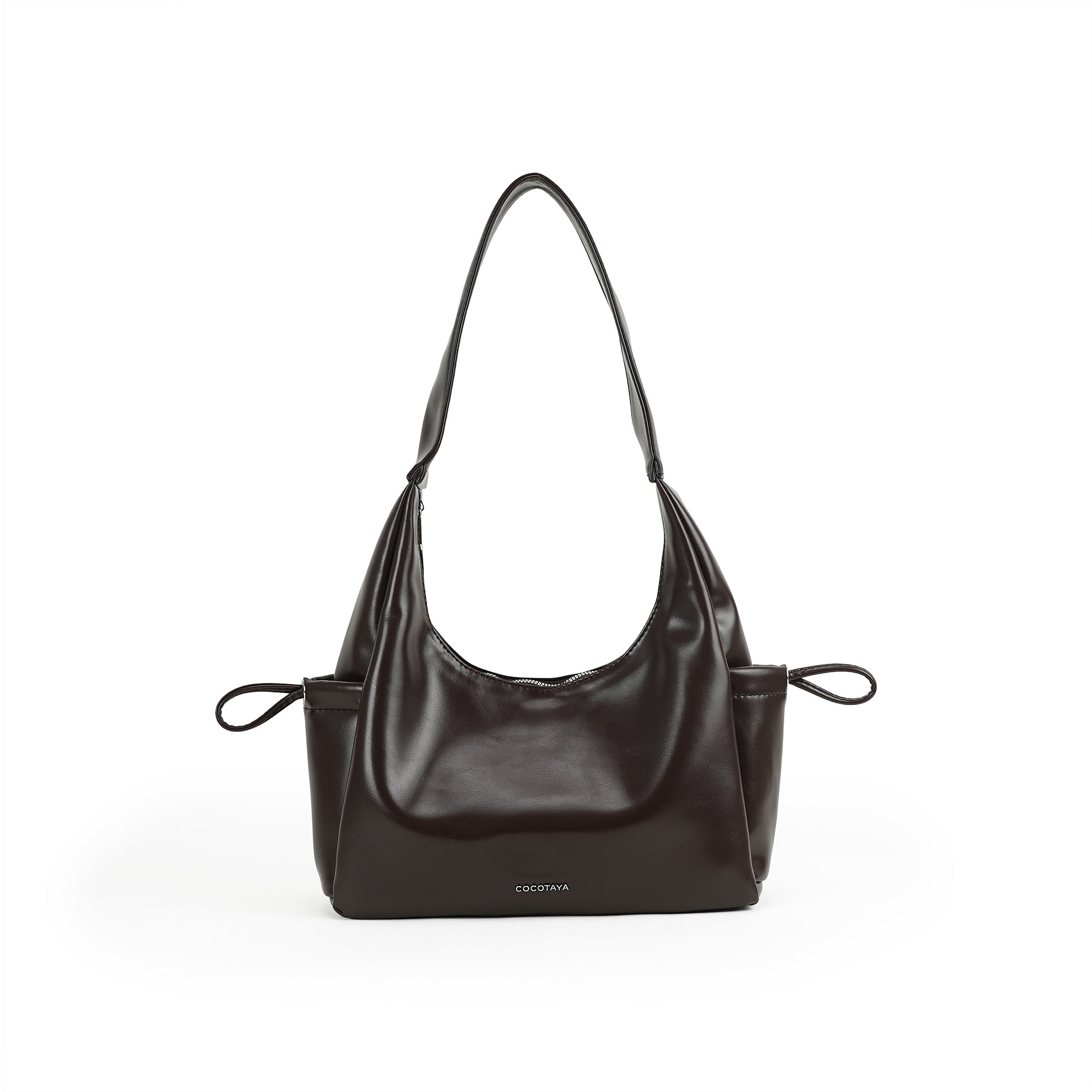 （cocotaya）All-Match Curved Hobo Handbag, Single Strap Side Drawstring Loop Leather Shoulder Bag