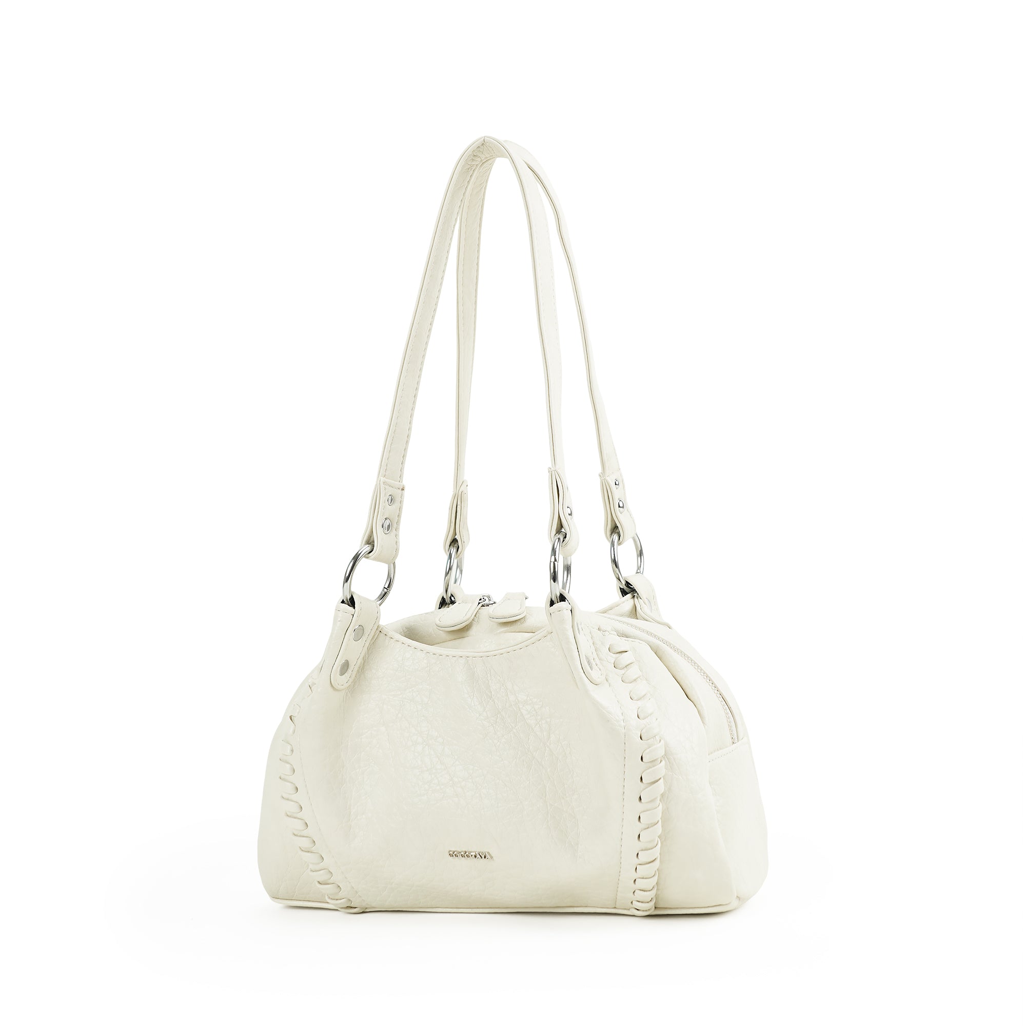 （cocotaya）Soft Faux Leather Mini Boston Shoulder Bag, Hand Stitched Decor Small Daily Handbag for Ladies
