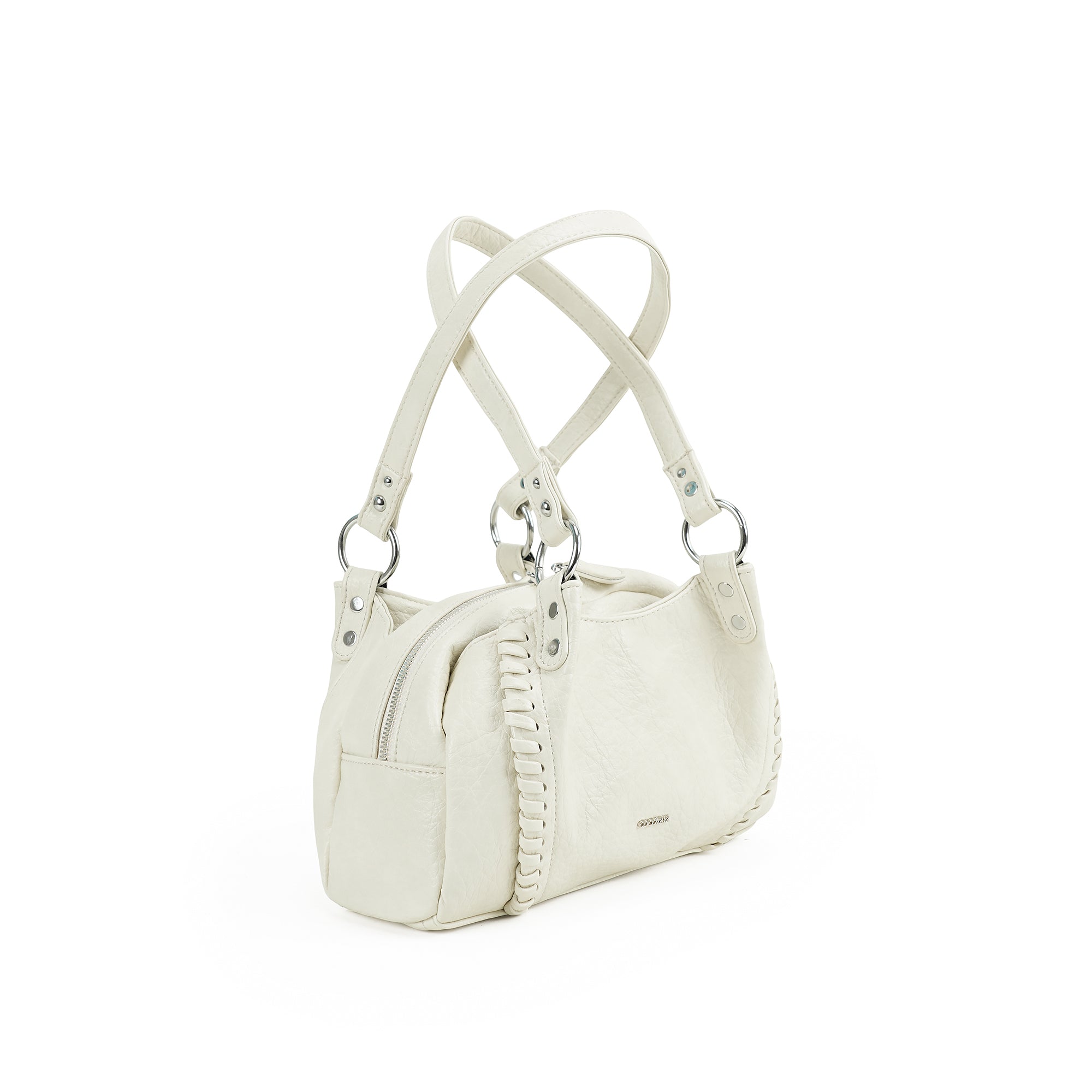 （cocotaya）Soft Faux Leather Mini Boston Shoulder Bag, Hand Stitched Decor Small Daily Handbag for Ladies