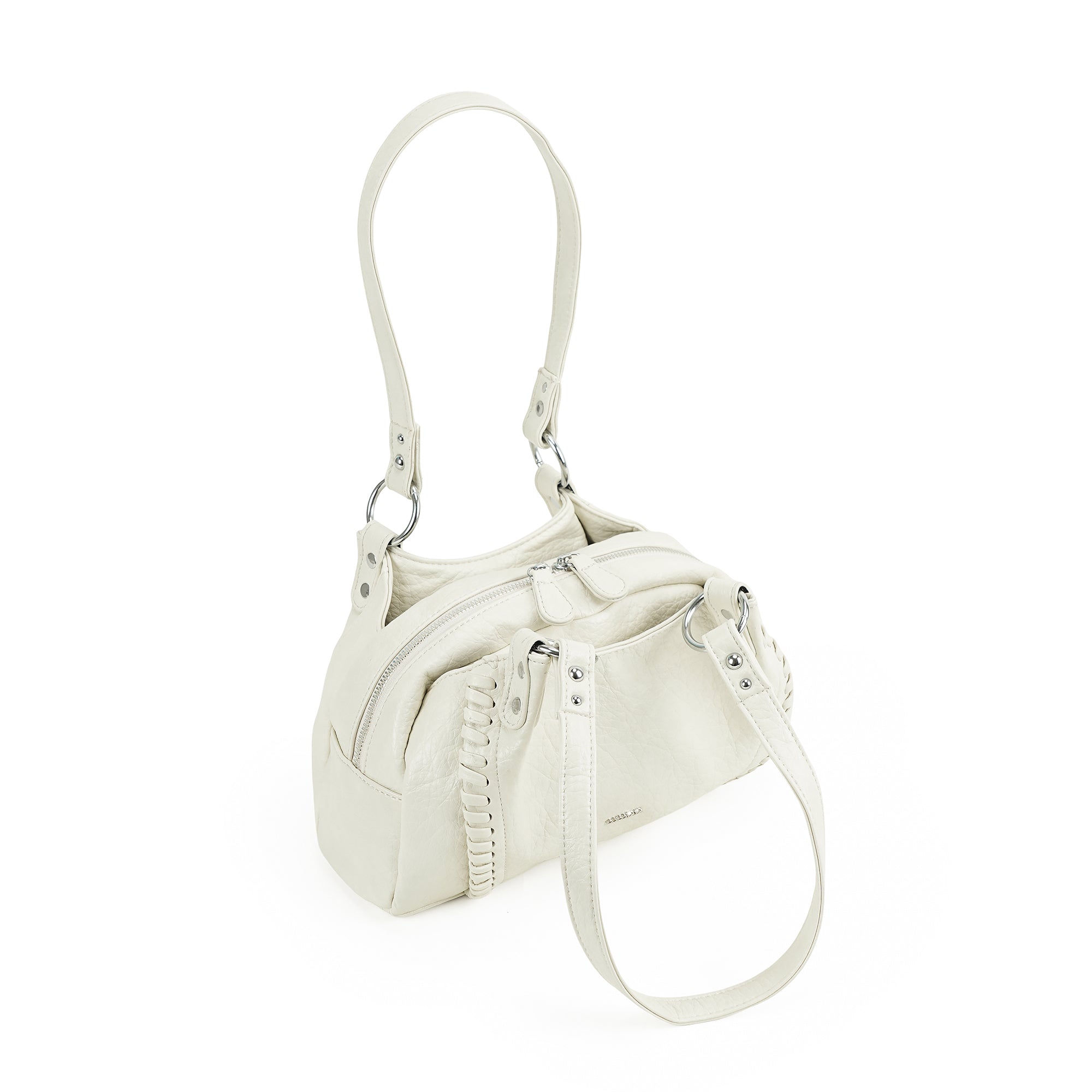 （cocotaya）Soft Faux Leather Mini Boston Shoulder Bag, Hand Stitched Decor Small Daily Handbag for Ladies