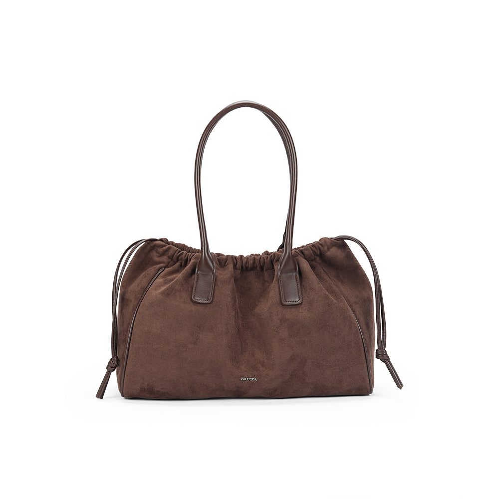 (COCOTAYA)Stylish and versatile leather drawstring tote bag with frosted finish.