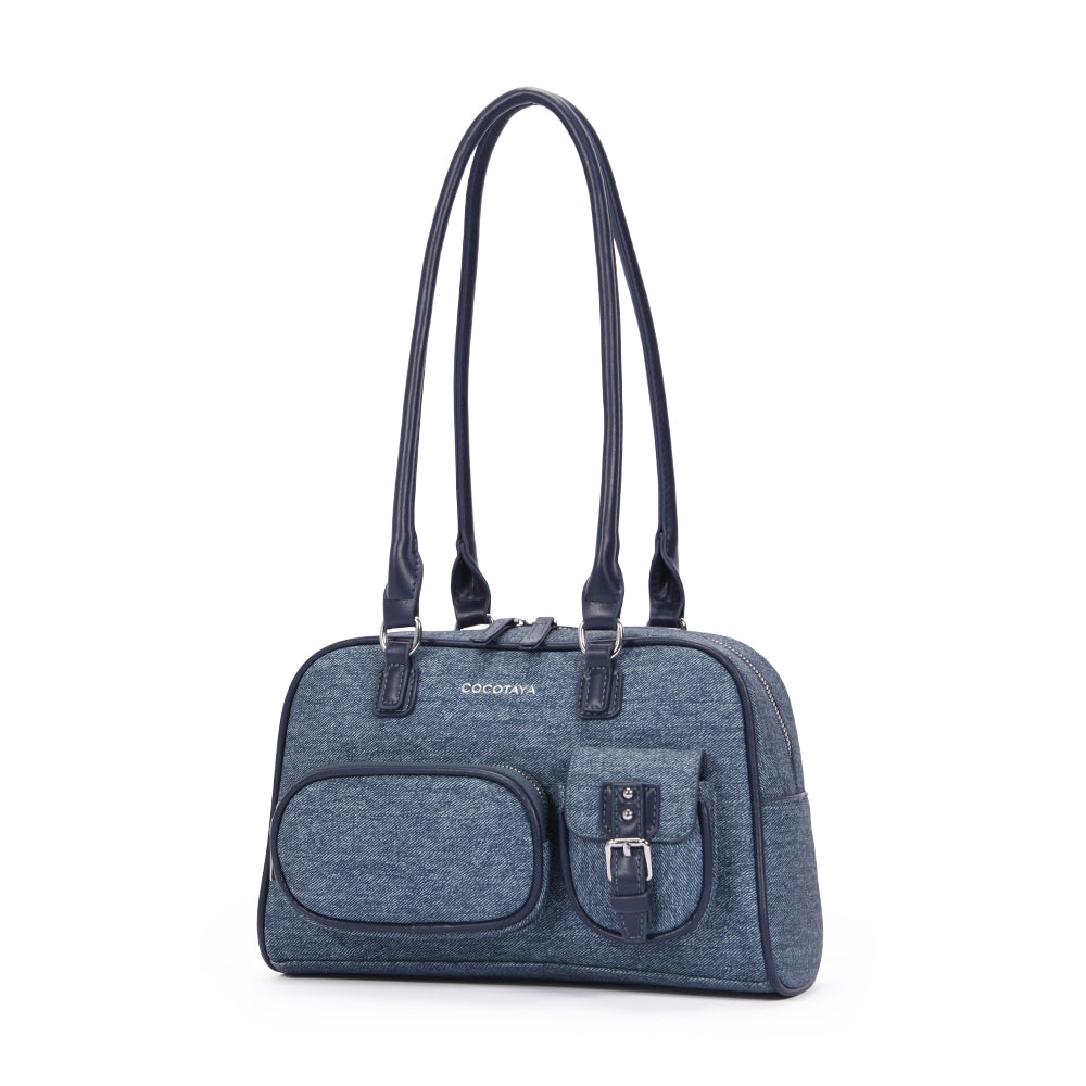(COCOTAYA) Fashionable and popular denim multi-pocket versatile Boston bag with large capacity handbag