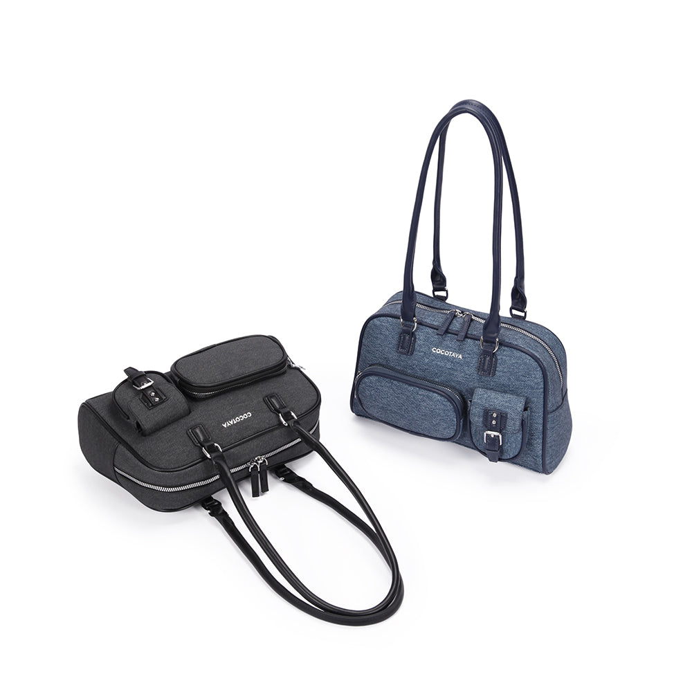 (COCOTAYA) Fashionable and popular denim multi-pocket versatile Boston bag with large capacity handbag