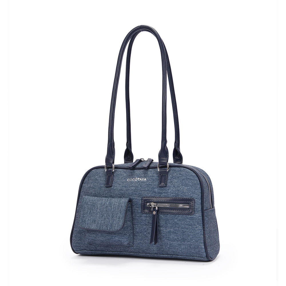 (COCOTAYA) Women's Fashion Denim Multi-Pocket Versatile Casual Boston Bag Large Capacity Handbag